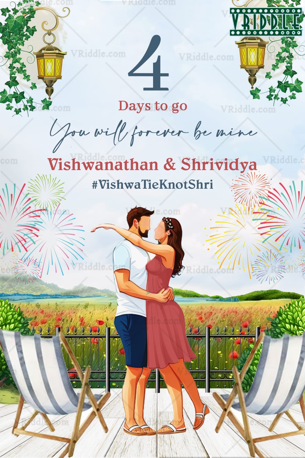Romantic Wedding Countdown Invitation card with Couple Illustration and Picturesque Background