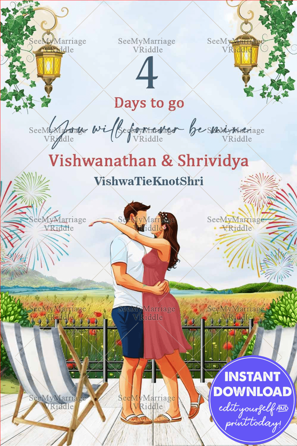 Romantic Wedding Countdown Invitation card with Couple Illustration and Picturesque Background