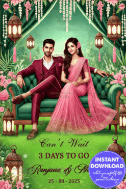 Romantic Wedding Countdown Invitation with Greenery and Lanterns Theme and Stylish Couple Background
