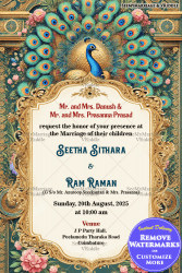 Royal Peacock Themed Wedding Invitation Card with Golden Patterns Background