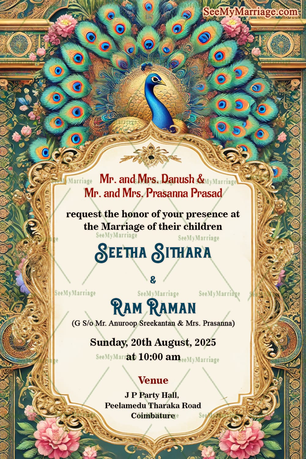 Royal Peacock Themed Wedding Invitation Card with Golden Patterns Background