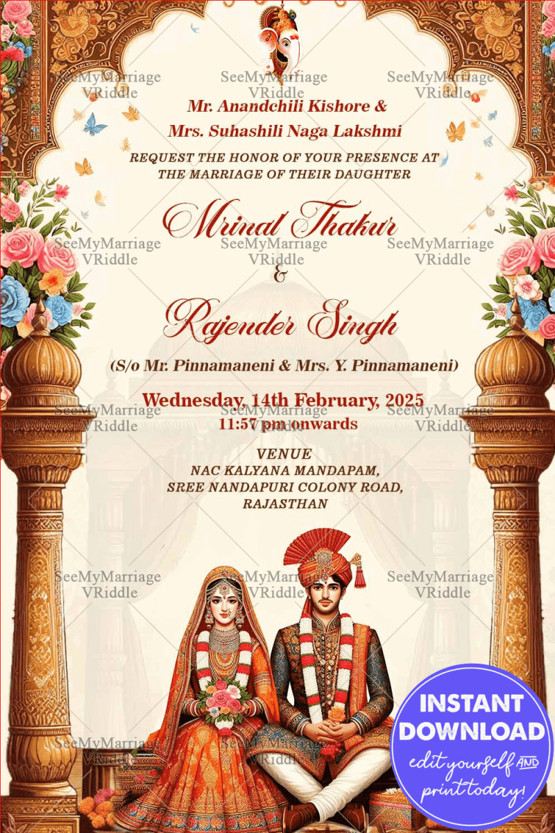 Royal Rajasthani Wedding Invitation with Couple Illustration and Golden ...