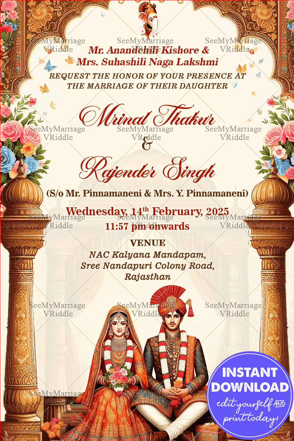 Royal Rajasthani Wedding Invitation with Couple Illustration and Golden Pillars Background