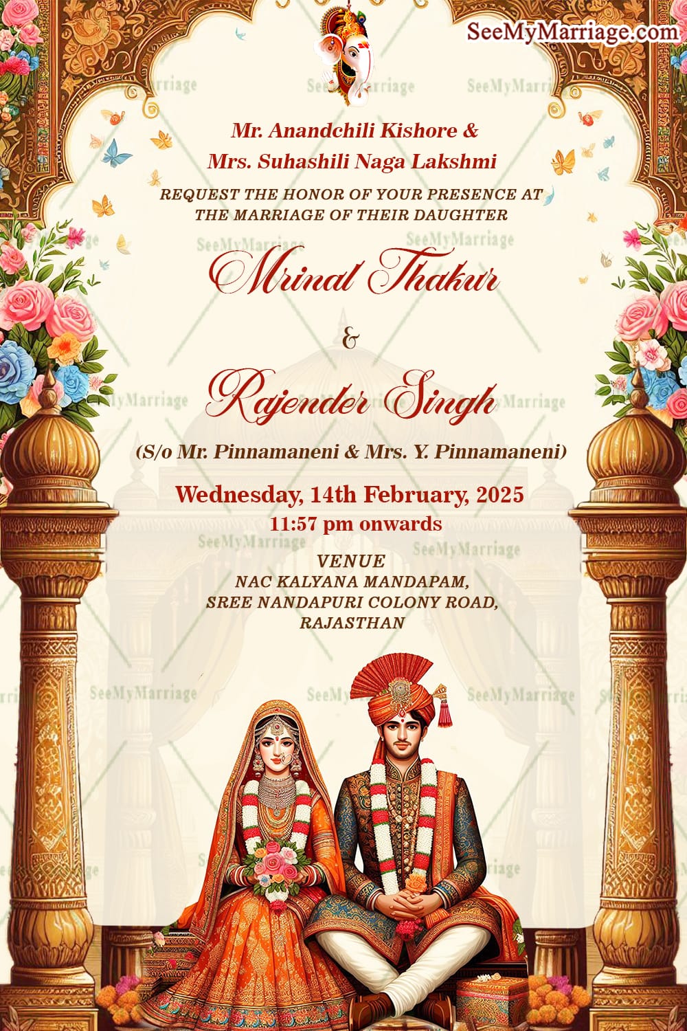 Royal Rajasthani Wedding Invitation with Couple Illustration and Golden Pillars Background