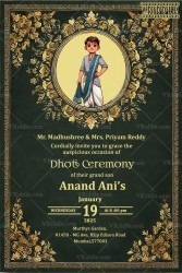 Royal Theme Dhoti Ceremony Invitation with Cute Cartoon Illustration and Golden Designs Background