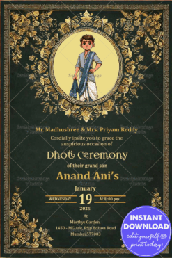 Royal Theme Dhoti Ceremony Invitation with Cute Cartoon Illustration and Golden Designs Background