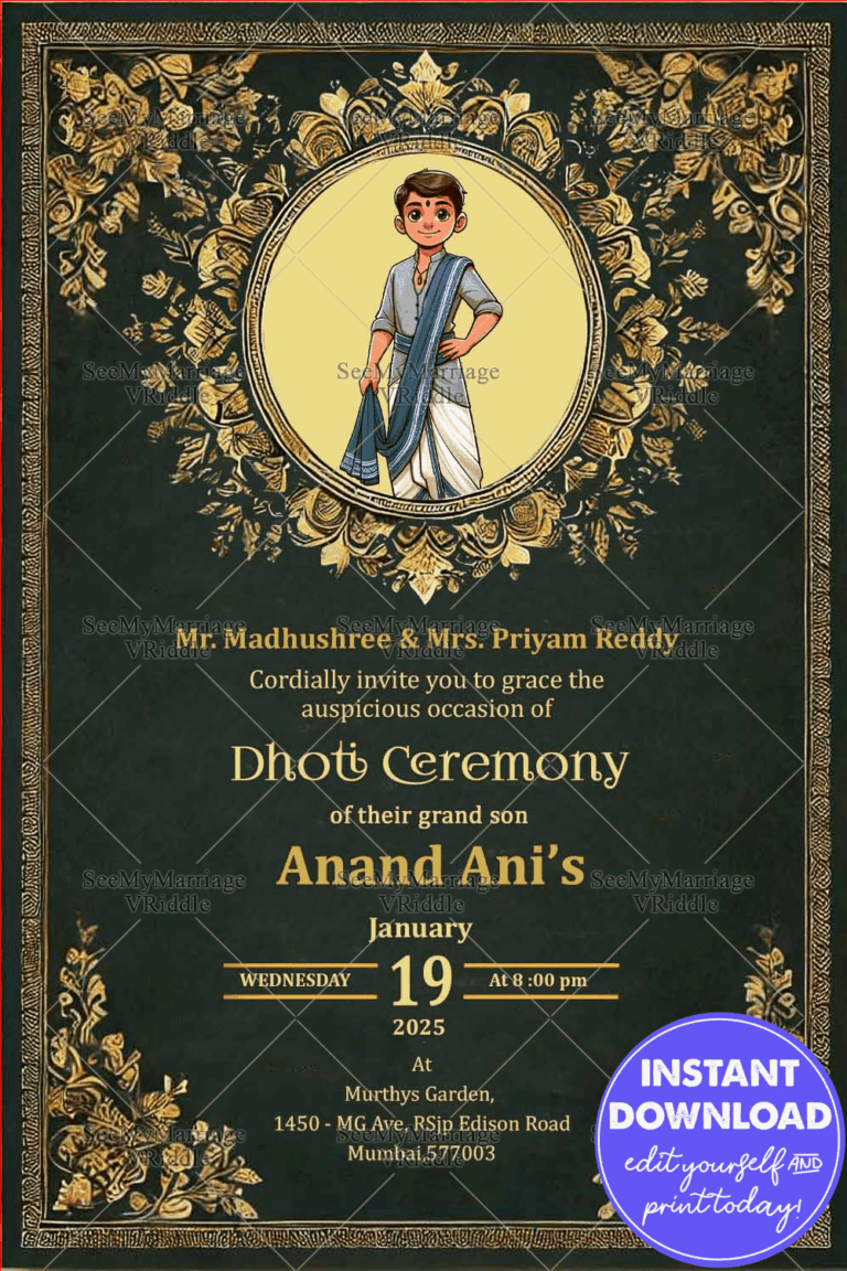 Royal Theme Dhoti Ceremony Invitation with Cute Cartoon Illustration and Golden Designs Background