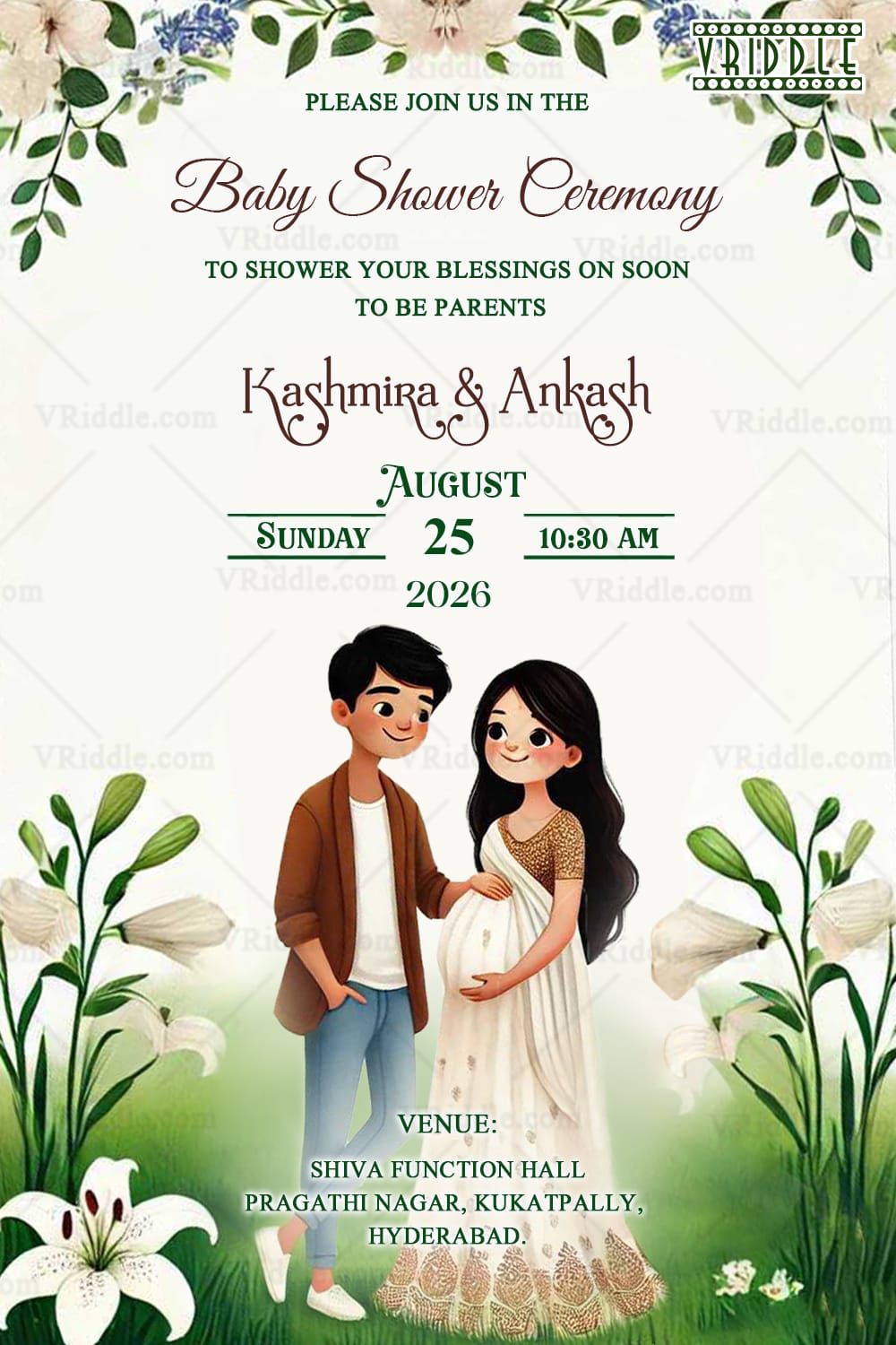 Serene Greenery Baby Shower Invitation with Couple Illustration and Lush Floral Theme Background
