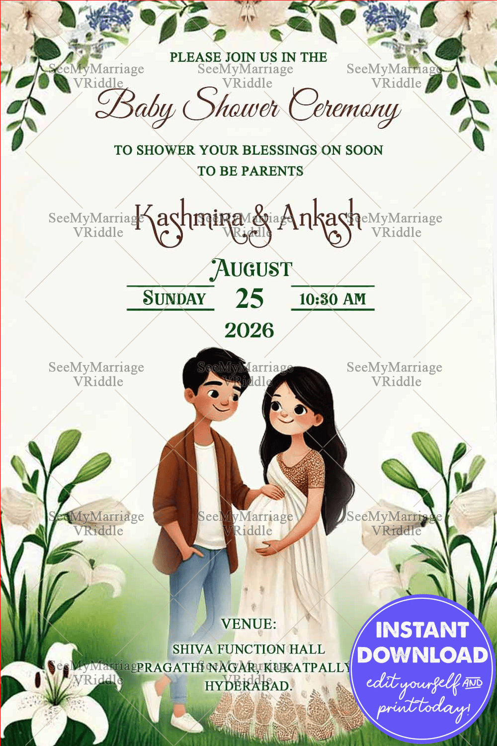 Serene Greenery Baby Shower Invitation with Couple Illustration and Lush Floral Theme Background