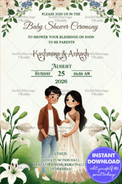 Serene Greenery Baby Shower Invitation with Couple Illustration and Lush Floral Theme Background