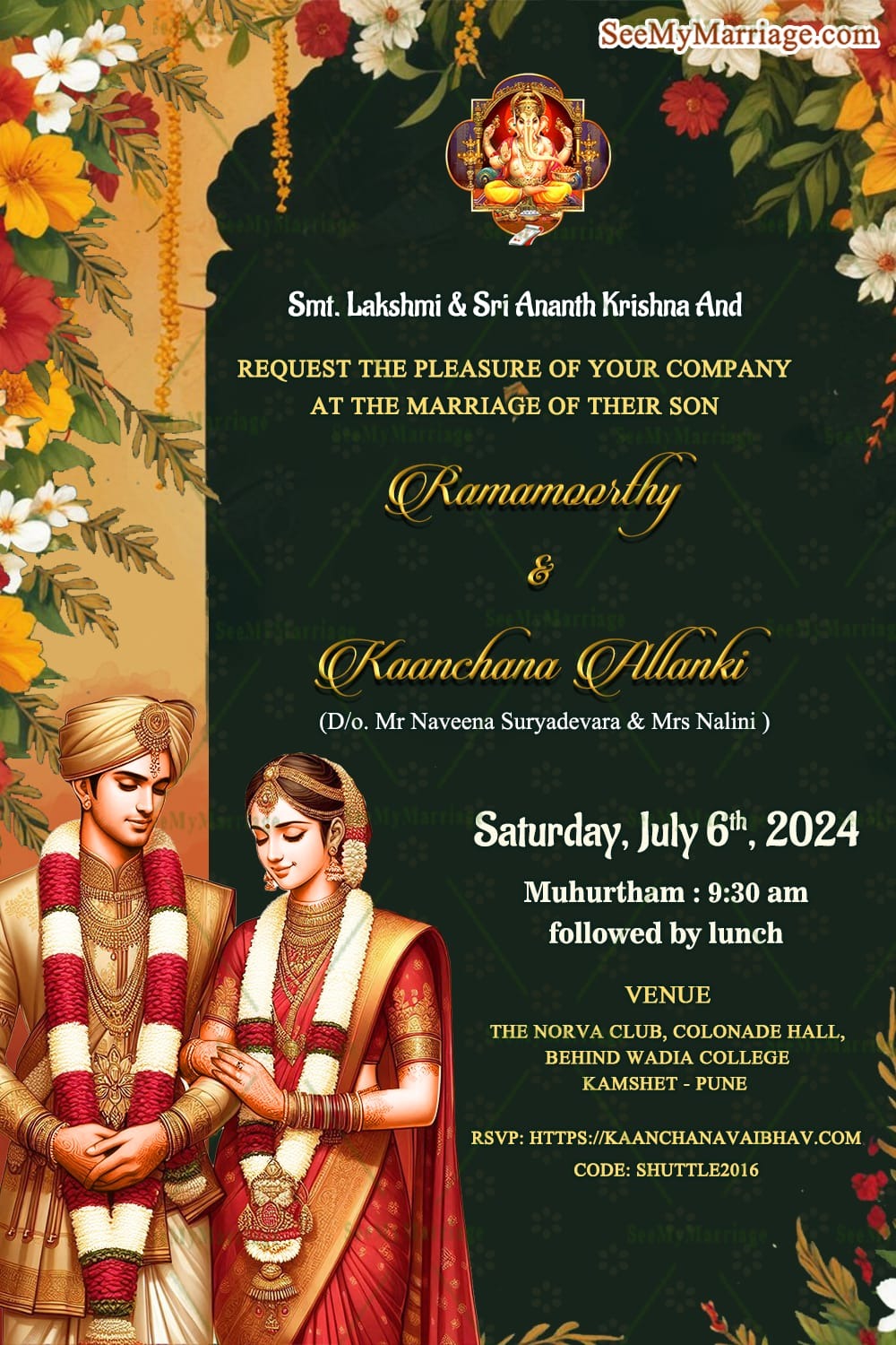 Simple Theme Tamil Wedding Invitation with Beautiful Couple Caricature and Floral Pattern Background