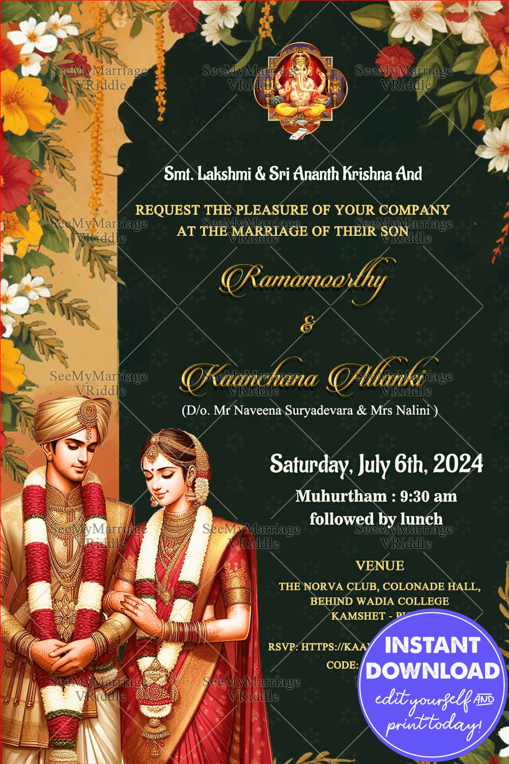 Simple Theme Tamil Wedding Invitation with Beautiful Couple Caricature and Floral Patterns Background