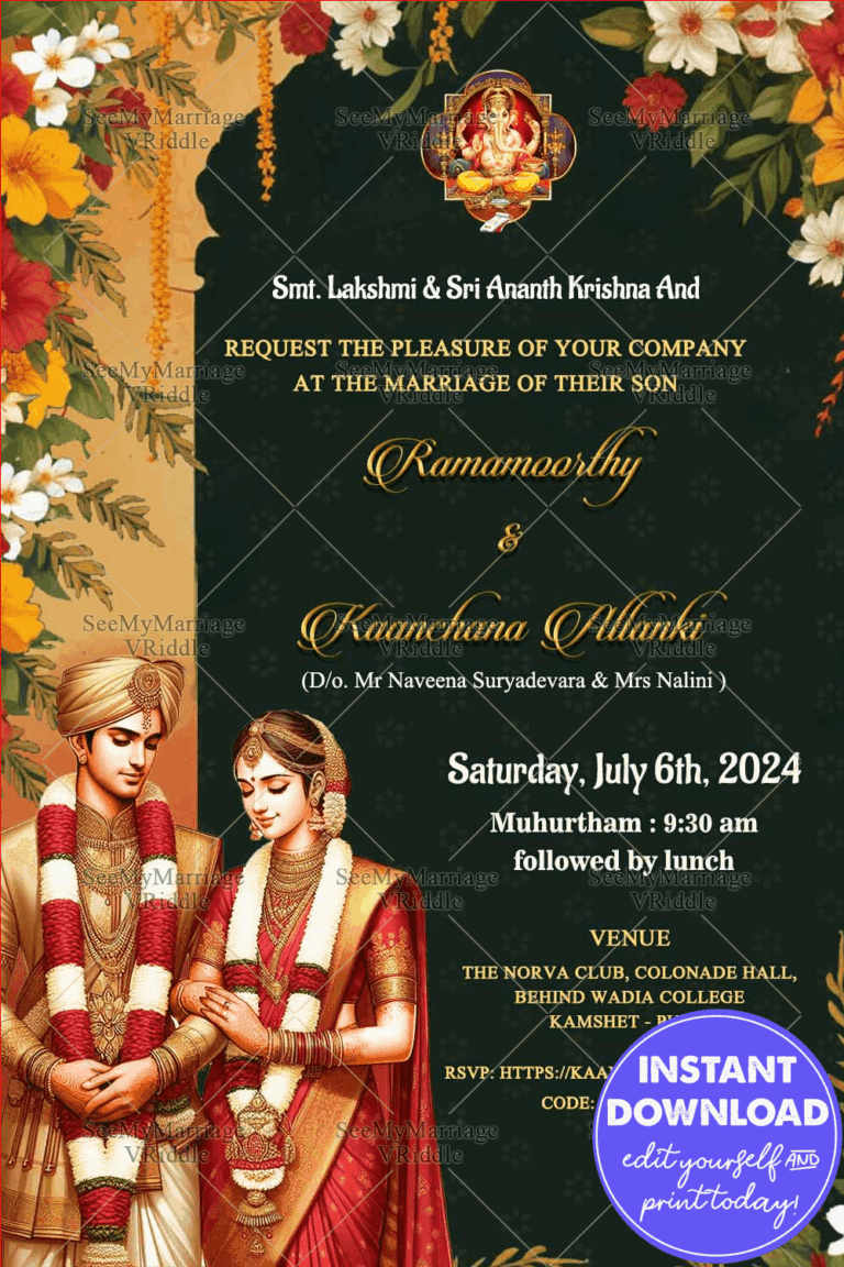 Simple Theme Tamil Wedding Invitation with Beautiful Couple Caricature and Floral Patterns Background
