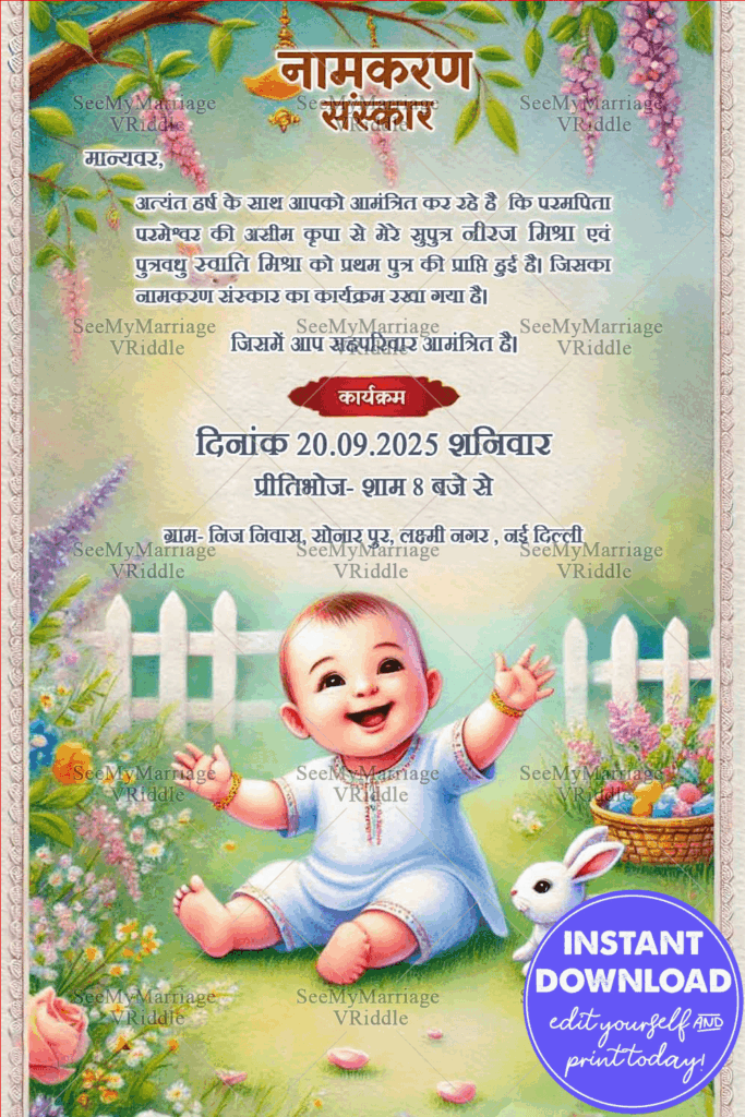 Smiling Baby Naming Ceremony Invitation with Garden Theme and Rabbit