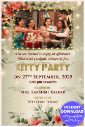 Sophisticated Kitty Party Invitation with Floral Patterns Theme and Twinkling Lights Background