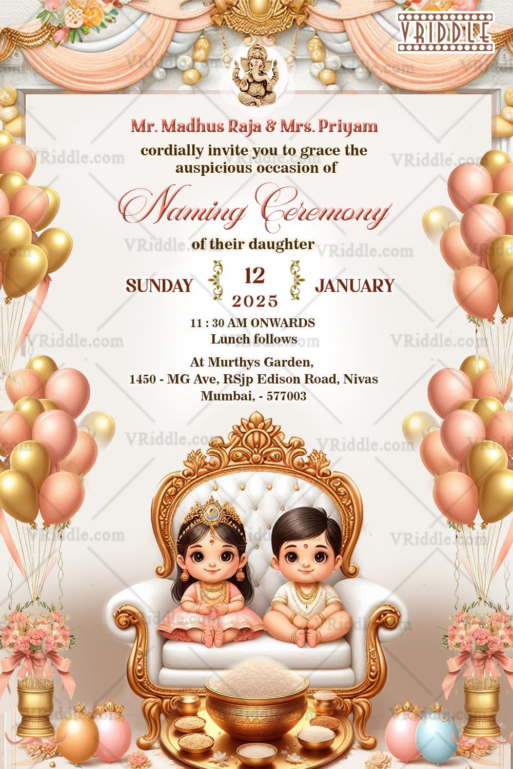 Splendid Naming Ceremony Invitation with Balloon Theme and Pristine Cream Color Background