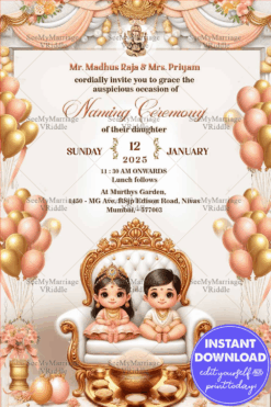 Splendid Twins - Naming Ceremony Invitation of Boy, Girl with Balloon Theme and Pristine Cream Color Background