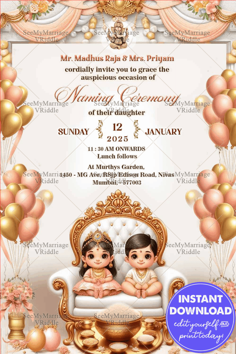 Splendid Twins - Naming Ceremony Invitation of Boy, Girl with Balloon Theme and Pristine Cream Color Background