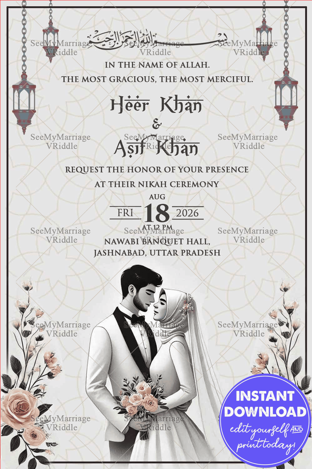 Stylish Islamic Wedding Invitation with Light Gray Theme and Hanging ...