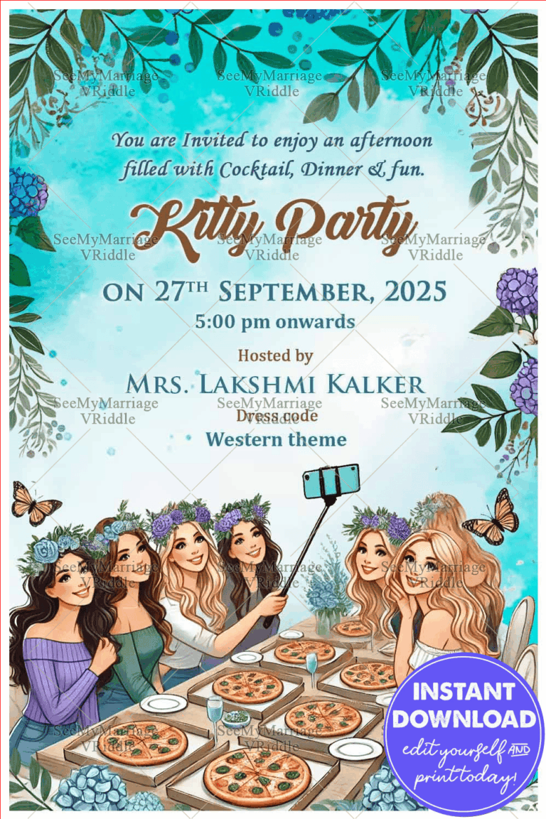Stylish Kitty Party Invitation with Watercolor Theme and Butterfly Decor Background