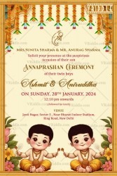 Traditional Annaprashan Ceremony Invitation with Cream Theme and Cute Cartoon Twins Background
