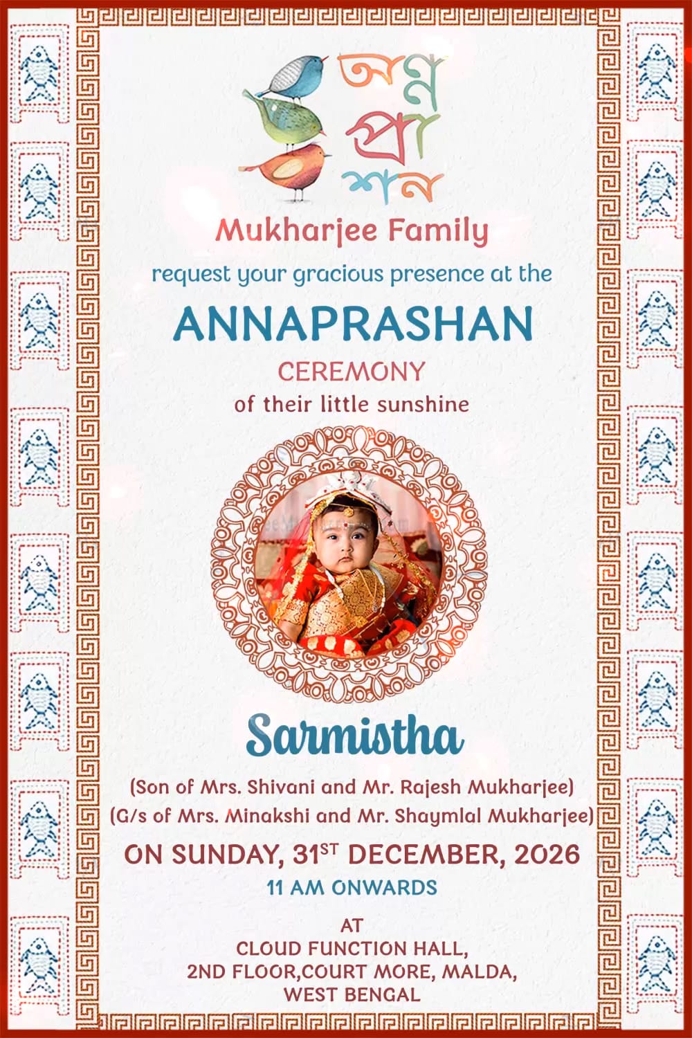 Traditional Bengali Annaprashan Invitation with Cultural Motifs and Add Baby Photo Background