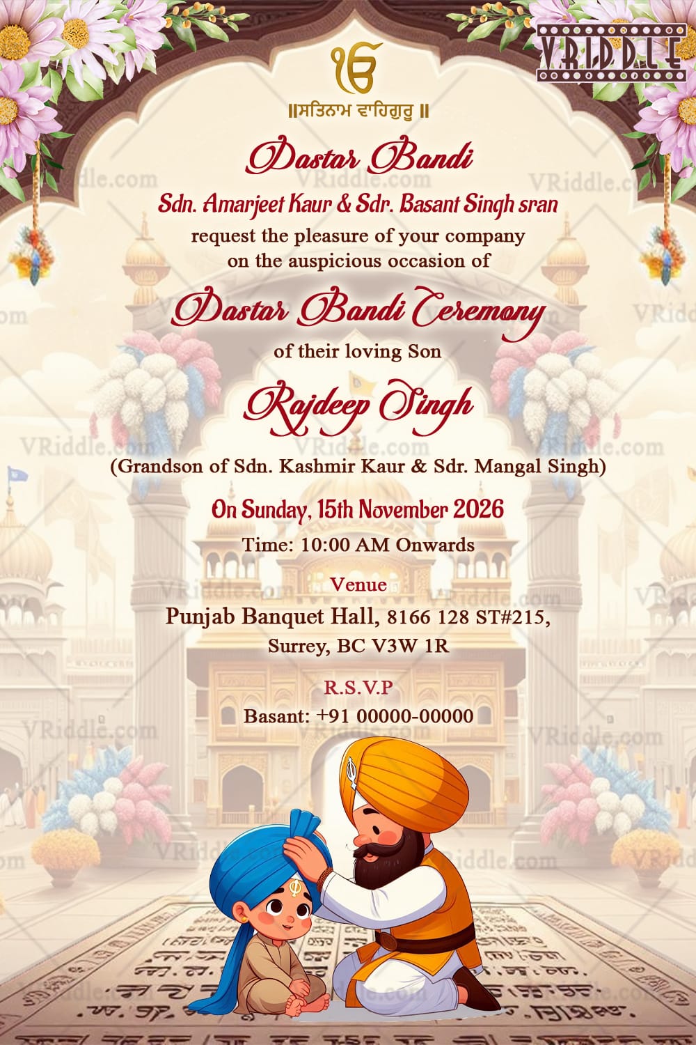 Traditional Dastar Bandi Ceremony Invitation with Cartoon Illustration and white Theme Background