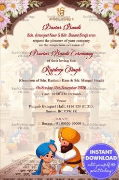 Traditional Dastar Bandi Ceremony Invitation with Cartoon Illustration and white Theme Background