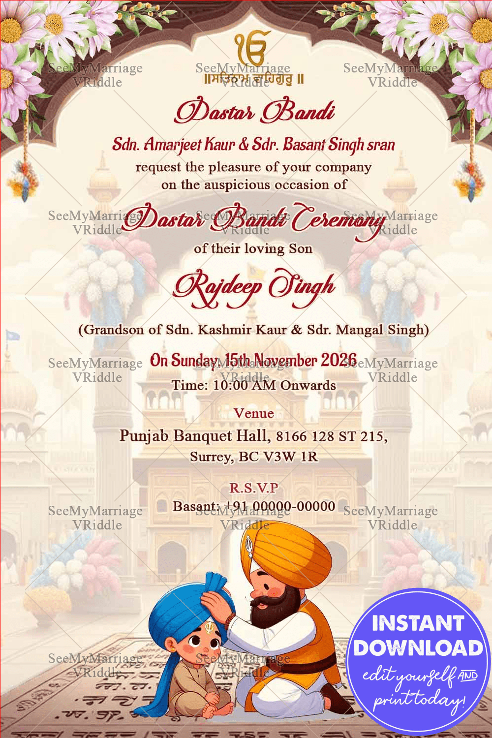 Traditional Daacstar Bandi Ceremony Invitation with Cartoon Illustration and white Theme Background