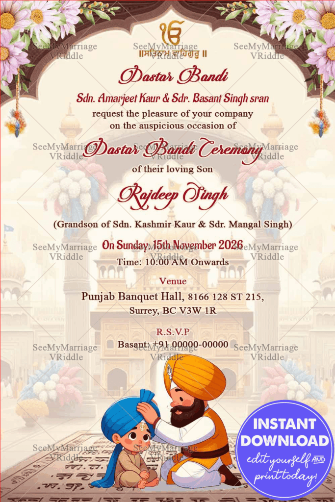 Traditional Dastar Bandi Ceremony Invitation with Cartoon Illustration and white Theme Background