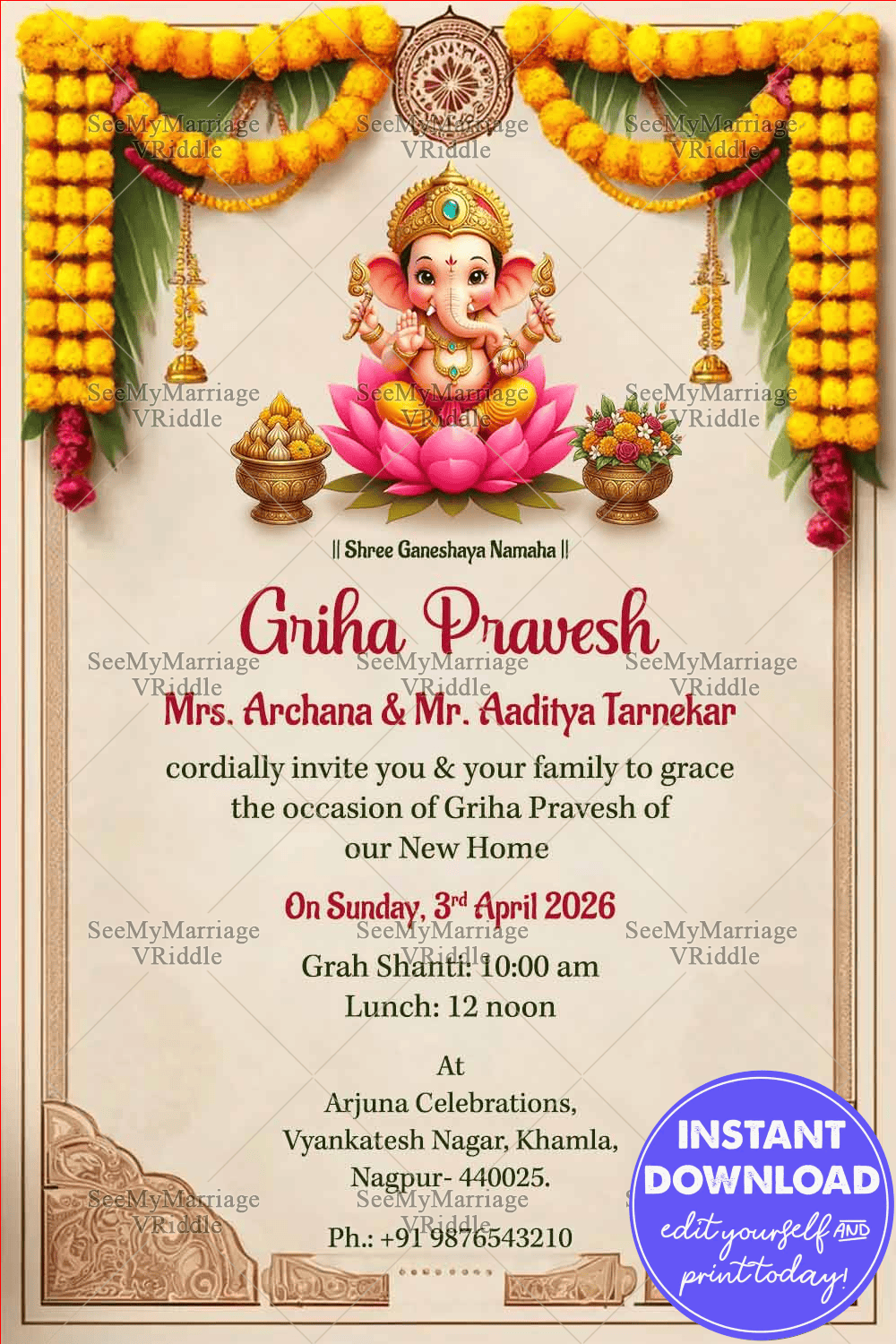 Traditional Griha Pravesh Ceremony Invitation with Little Ganesha Theme and Marigold Garlands Background