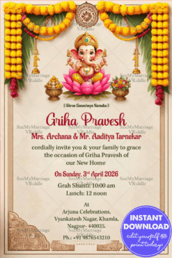 Traditional Griha Pravesh Ceremony Invitation with Little Ganesha Theme and Marigold Garlands Background