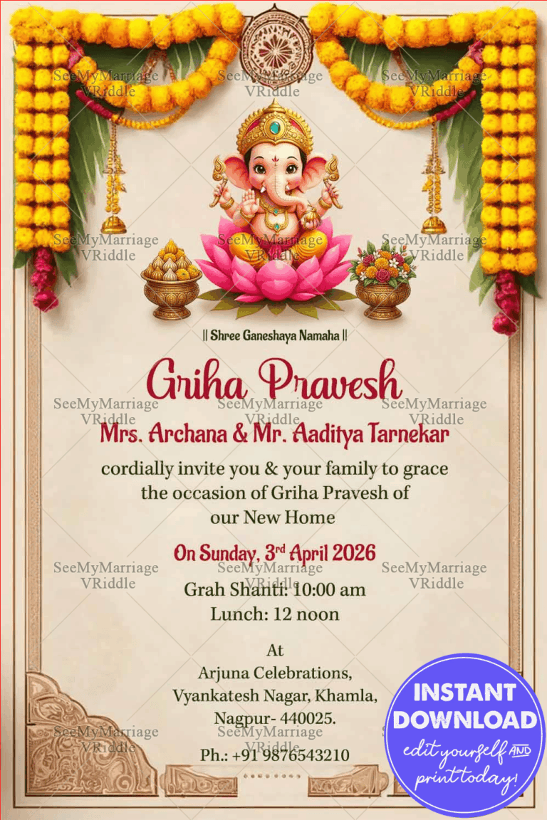 Traditional Griha Pravesh Ceremony Invitation with Little Ganesha Theme and Marigold Garlands Background