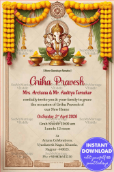 Traditional Griha Pravesh Ceremony Invitation with Little Ganesha Theme and Marigold Garlands Background