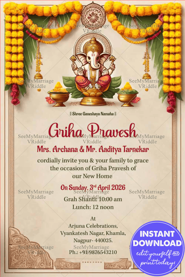 Traditional Griha Pravesh Ceremony Invitation with Little Ganesha Theme ...