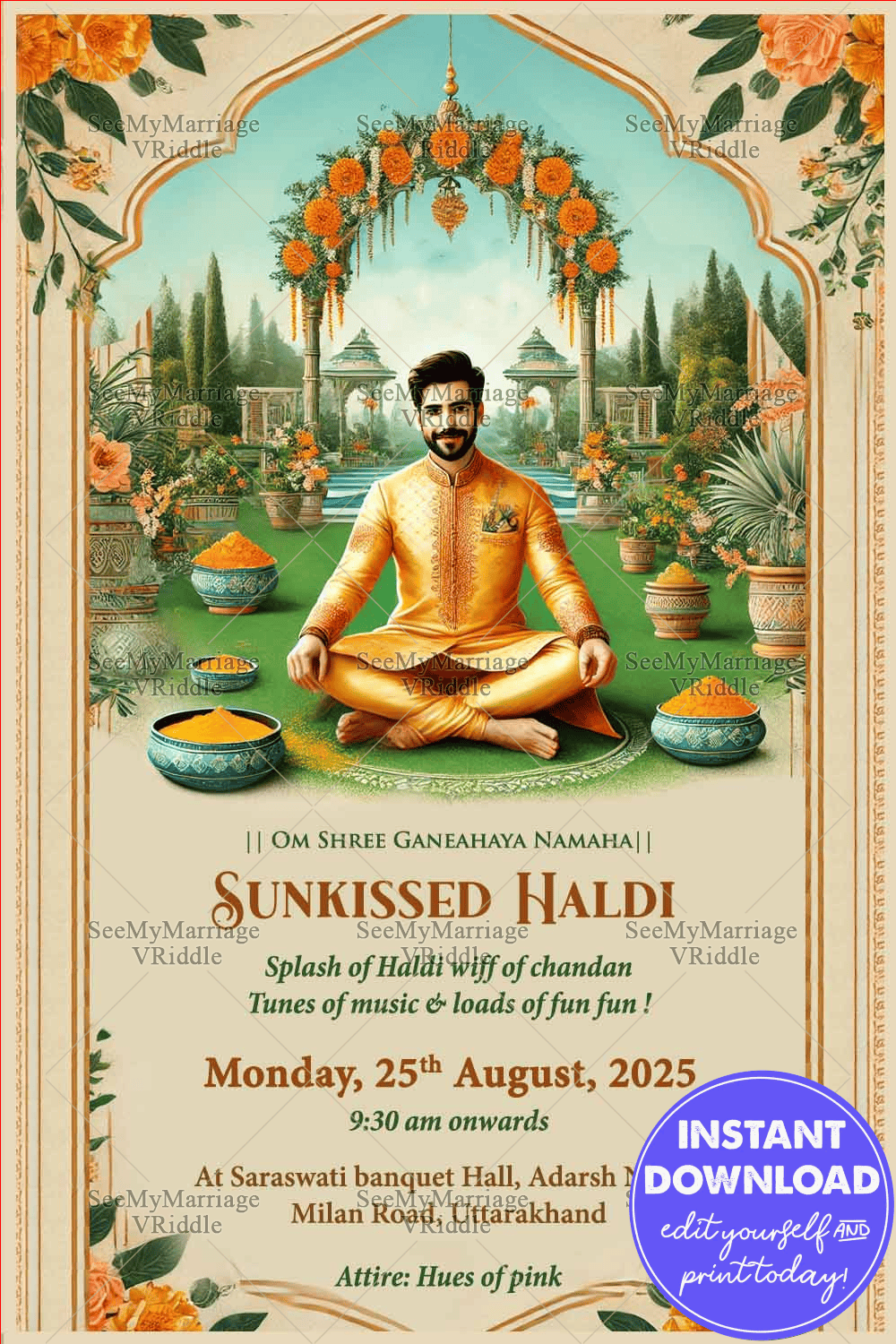 Traditional Groom Haldi Ceremony Invitation with Cream Theme and Lush Greenery Background
