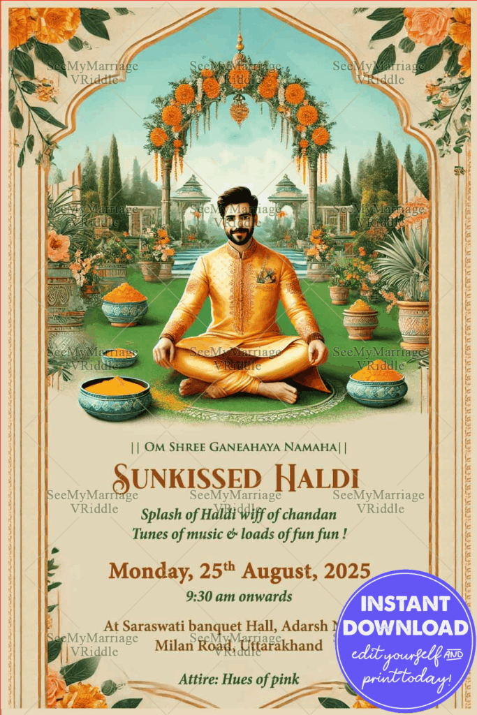 Traditional Groom Haldi Ceremony Invitation with Cream Theme and Lush Greenery Background