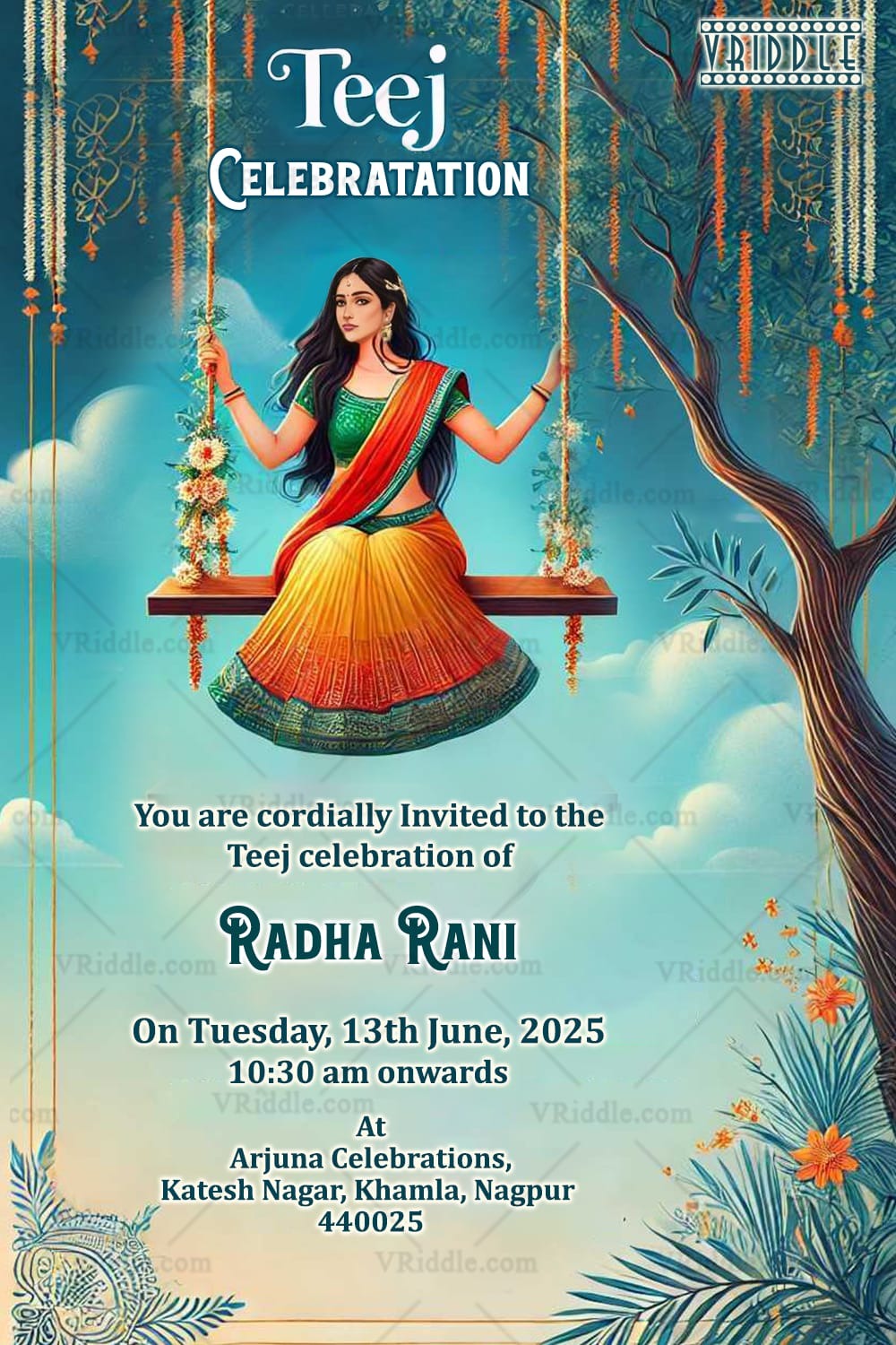 Traditional Hariyali Teej Invitation card with Floral Swing Theme and Blue Color Background