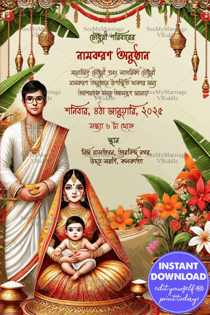 Traditional Motifs Bengali Naming Ceremony Invitation with Cream Theme and Floral Background