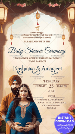 Traditional Punjabi Baby Shower Ceremony Invitation with Pastel Theme and Arch Design Background