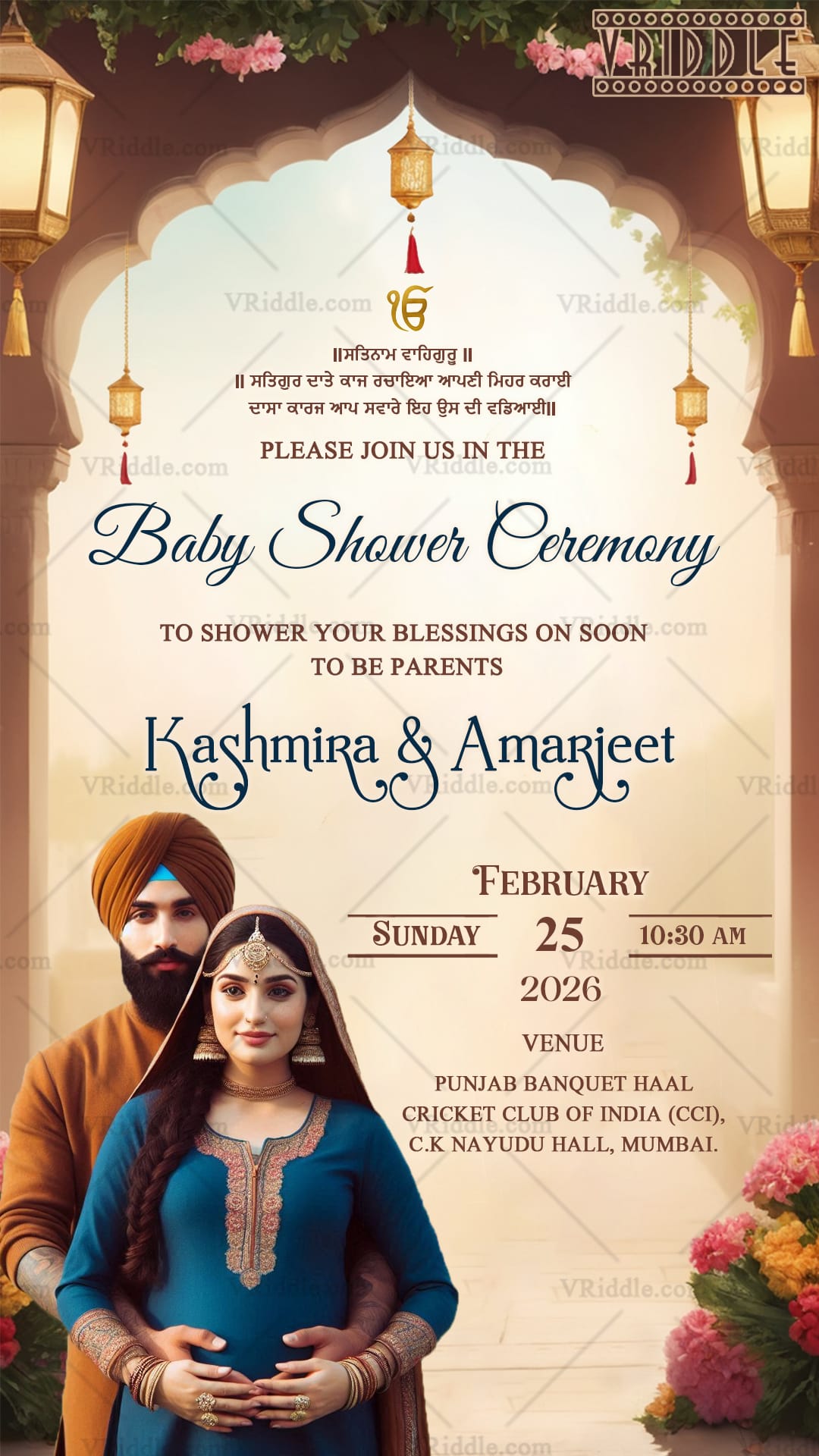 Traditional Punjabi Baby Shower Ceremony Invitation with Pastel Theme and Arch Design Background