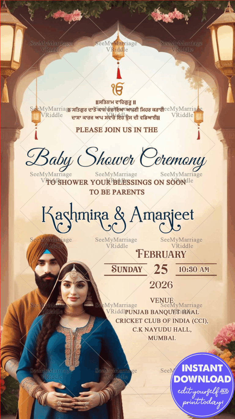 Traditional Punjabi Baby Shower Ceremony Invitation with Pastel Theme and Arch Design Background