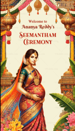 Traditional Telugu Seemantham Invitation Video with Ornate Golden Accents and Marigold Decor Background