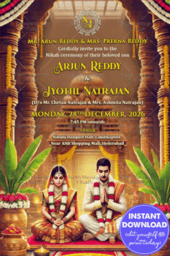 Traditional South Indian Wedding Invitation with Couple Caricature and Ornate Pillars Background