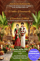 Traditional Tamil Wedding Invitation with Couple Caricature and Temple Architecture Background