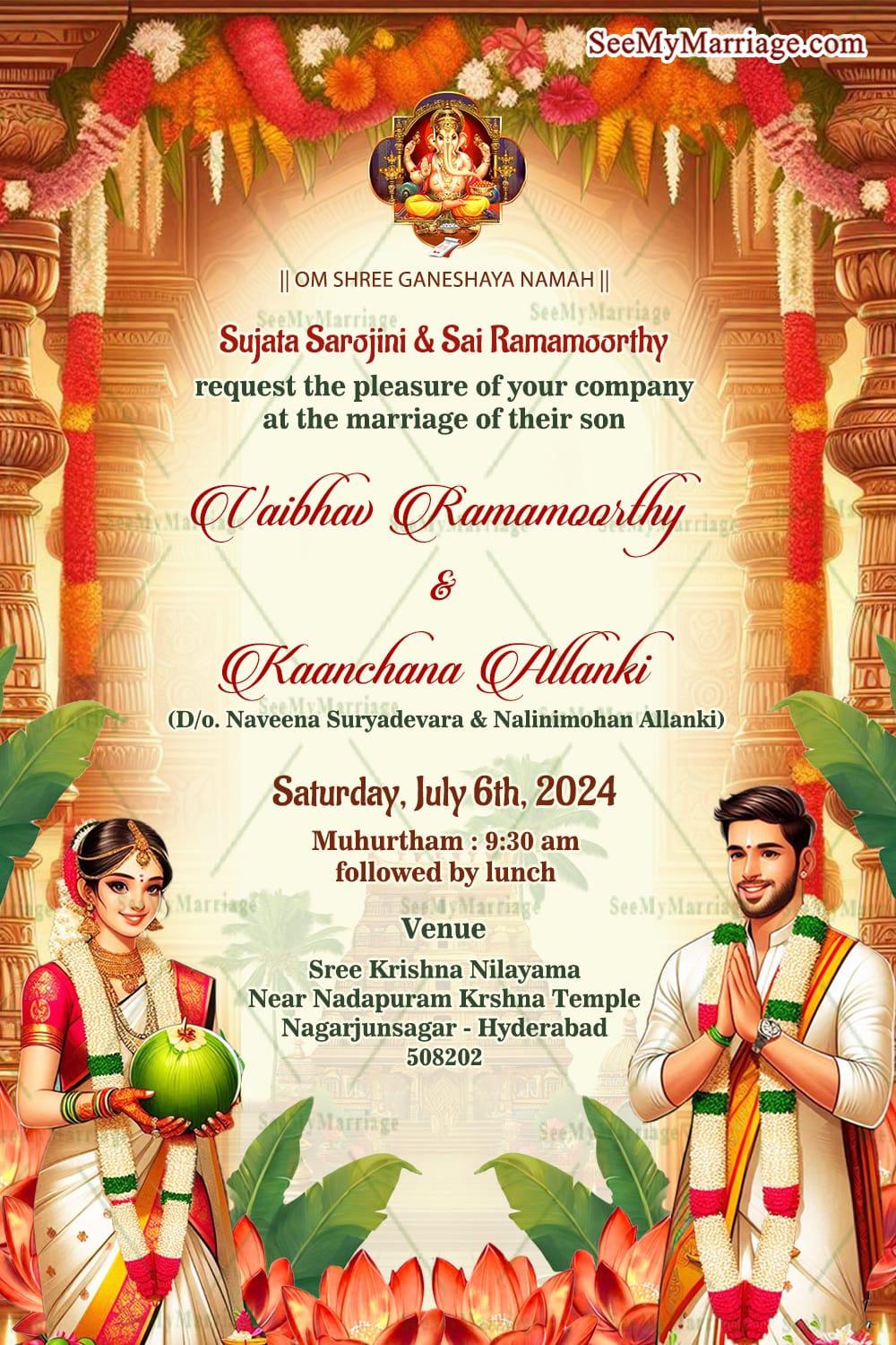 Traditional Telugu Wedding Invitation with Beautiful Couple Illustration and Floral Garlands Background