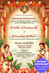 Traditional Telugu Wedding Invitation with Beautiful Couple Illustration and Floral Garlands Background