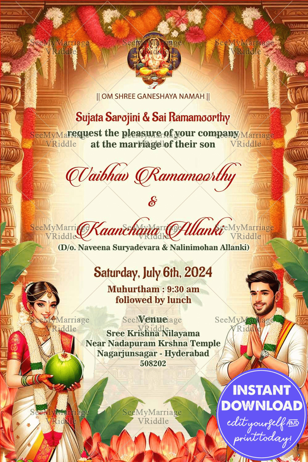 Traditional Telugu Wedding Invitation with Beautiful Couple ...