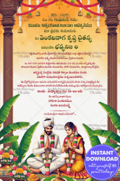 Traditional Telugu Wedding Invitation with Cute Couple Caricature and Floral theme Background