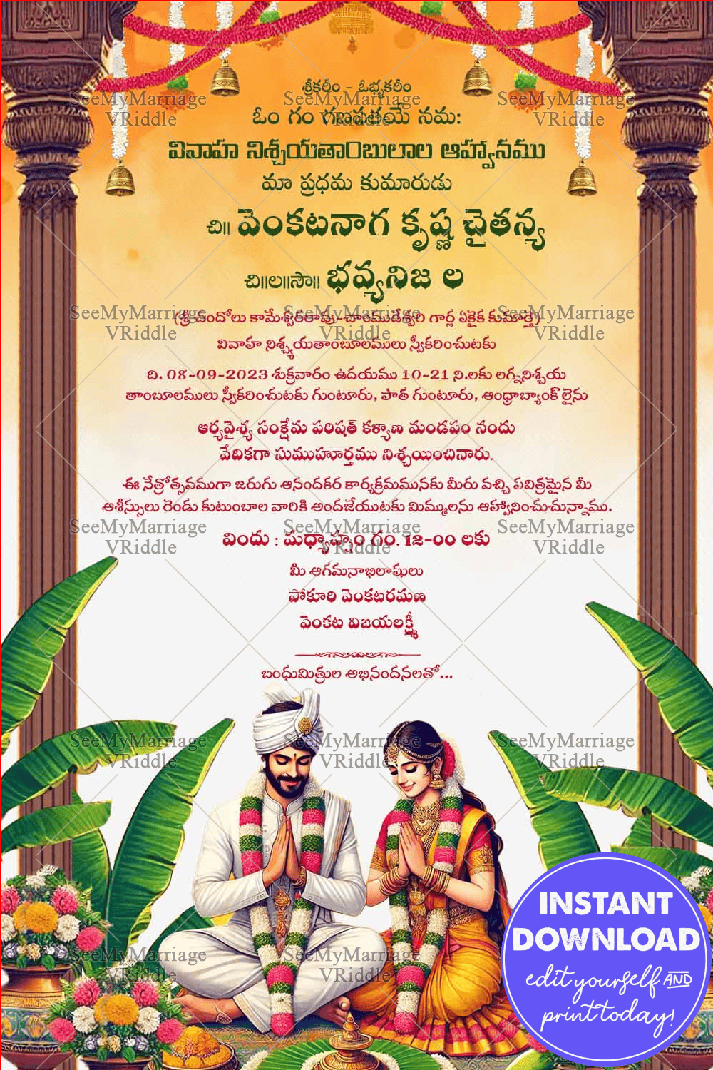 Traditional Telugu Wedding Invitation with Cute Couple Caricature and Floral theme Background